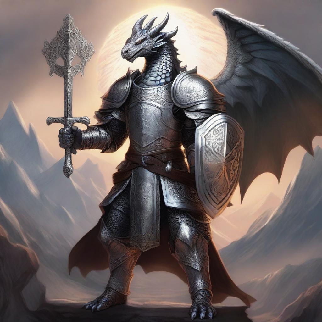 A majestic silver dragonborn paladin wielding a longsword and a shield emblazoned with the symbol of Bahamut