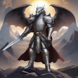 A majestic silver dragonborn paladin wielding a longsword and a shield emblazoned with the symbol of Bahamut