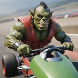 A muscular, green-skinned orc with pointed ears and a gleaming pair of tusks, sporting goggles, driving a red speed kart on a challenging race track.