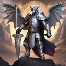 A majestic silver dragonborn paladin wielding a longsword and a shield emblazoned with the symbol of Bahamut