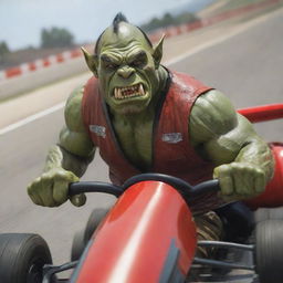 A muscular, green-skinned orc with pointed ears and a gleaming pair of tusks, sporting goggles, driving a red speed kart on a challenging race track.