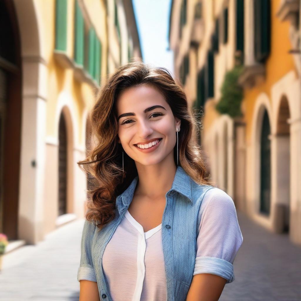 A 23-year-old Italian woman with a friendly smile, standing in a picturesque Italian street