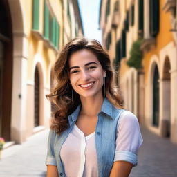 A 23-year-old Italian woman with a friendly smile, standing in a picturesque Italian street