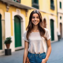 A 23-year-old Italian woman with a friendly smile, standing in a picturesque Italian street