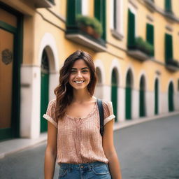A 23-year-old Italian woman with a friendly smile, standing in a picturesque Italian street