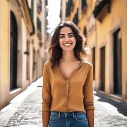 A 23-year-old Italian woman with a friendly smile, standing in a picturesque Italian street