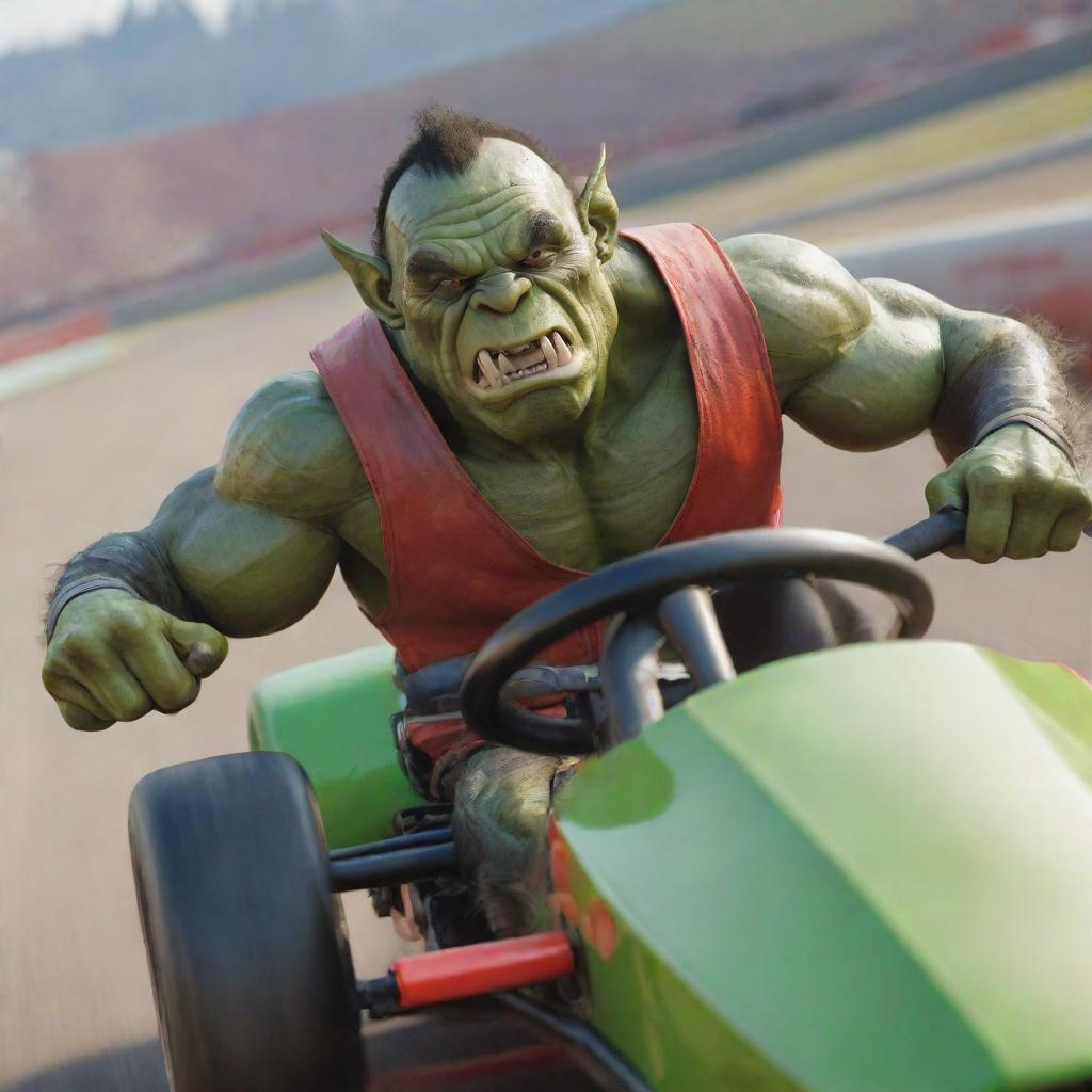 A muscular, green-skinned orc with pointed ears and a gleaming pair of tusks, sporting goggles, driving a red speed kart on a challenging race track.