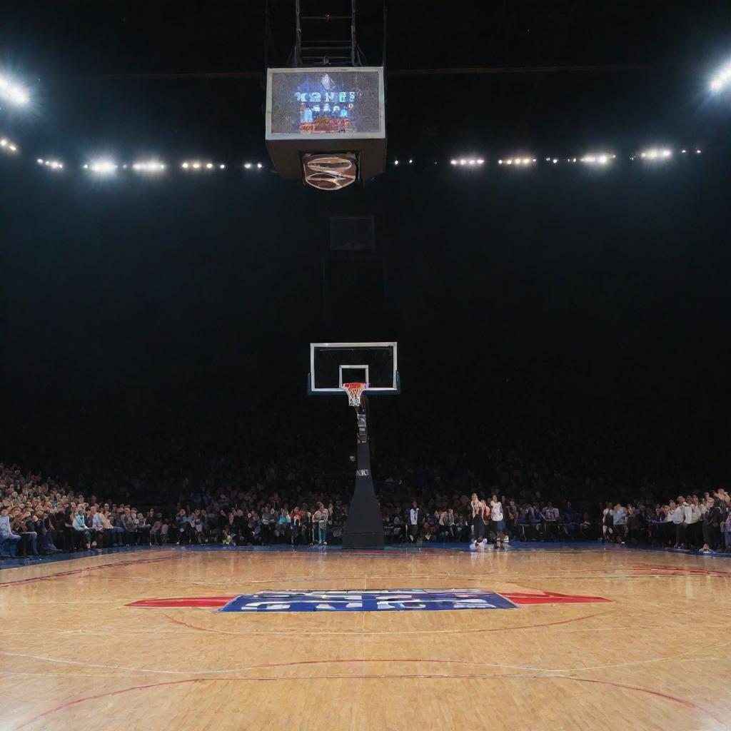 A dramatic scene of a basketball court with the final score brightly illuminated on the scoreboard.