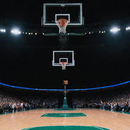 A dramatic scene of a basketball court with the final score brightly illuminated on the scoreboard.