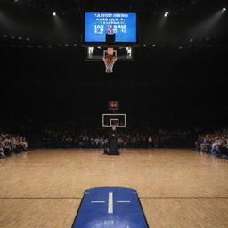 A dramatic scene of a basketball court with the final score brightly illuminated on the scoreboard.