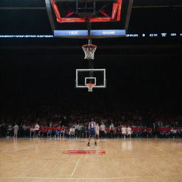 A dramatic scene of a basketball court with the final score brightly illuminated on the scoreboard.