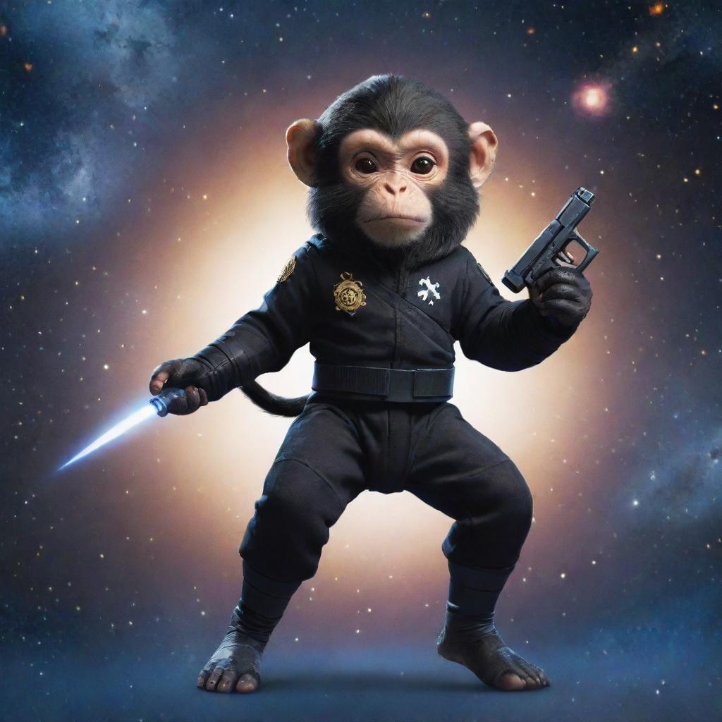 An agile space monkey in a sleek ninja suit, holding a miniature Uzi with expertise. His background is a star-filled cosmos, with distant galaxies spiraling around.