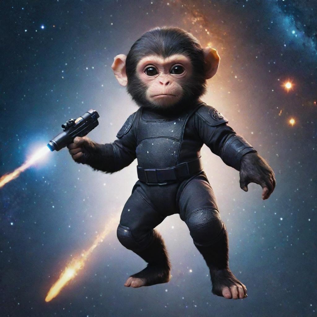 An agile space monkey in a sleek ninja suit, holding a miniature Uzi with expertise. His background is a star-filled cosmos, with distant galaxies spiraling around.