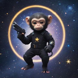 An agile space monkey in a sleek ninja suit, holding a miniature Uzi with expertise. His background is a star-filled cosmos, with distant galaxies spiraling around.