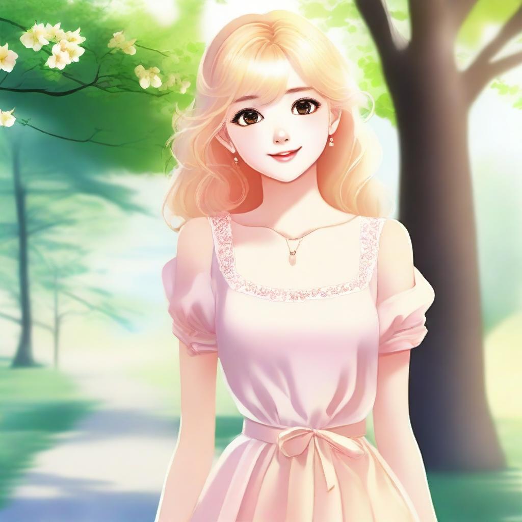 A blonde girl wearing a dress, standing in a pleasant and serene environment