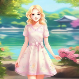 A blonde girl wearing a dress, standing in a pleasant and serene environment