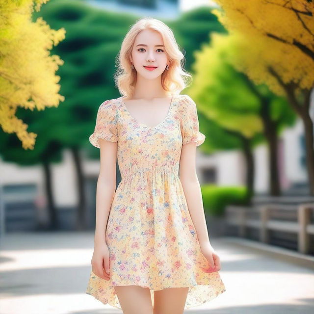 A blonde girl wearing a dress, standing in a pleasant and serene environment