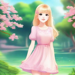 A blonde girl wearing a dress, standing in a pleasant and serene environment