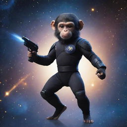 An agile space monkey in a sleek ninja suit, holding a miniature Uzi with expertise. His background is a star-filled cosmos, with distant galaxies spiraling around.