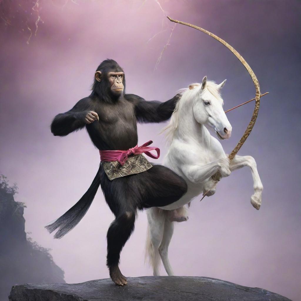 An agile monkey, dressed as a ninja, expertly handling a bow, mounted on a majestic, gleaming unicorn against a mystical fantasy backdrop.