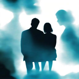 A book cover in blue and black tones with a blurred effect, featuring a couple sitting with their backs to the viewer