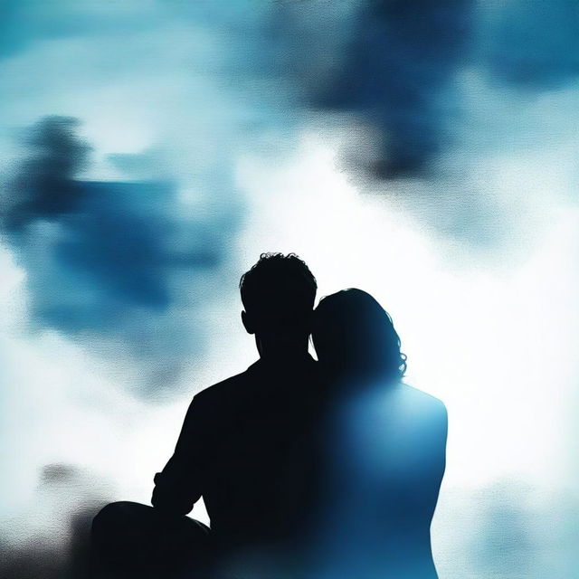 A book cover in blue and black tones with a blurred effect, featuring a couple sitting with their backs to the viewer