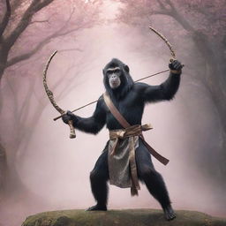 An agile monkey, dressed as a ninja, expertly handling a bow, mounted on a majestic, gleaming unicorn against a mystical fantasy backdrop.