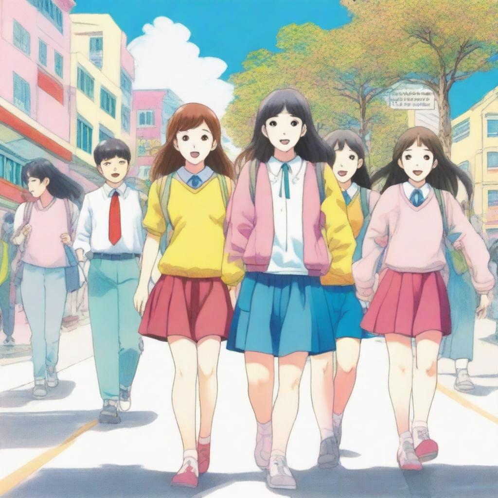 A color pencil line art illustration of a crowded school road under a blue sky