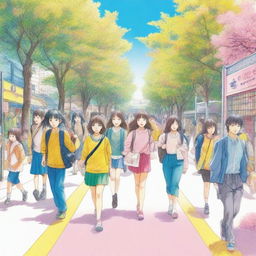 A color pencil line art illustration of a crowded school road under a blue sky