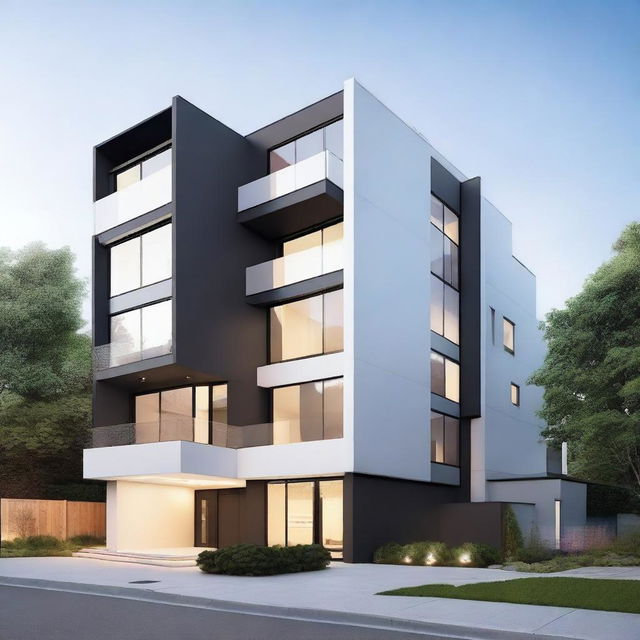 A modern four-story building with ten individual rooms on each floor, each featuring a private bathroom