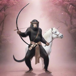 An agile monkey, dressed as a ninja, expertly handling a bow, mounted on a majestic, gleaming unicorn against a mystical fantasy backdrop.