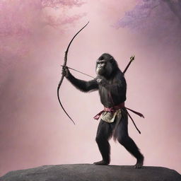 An agile monkey, dressed as a ninja, expertly handling a bow, mounted on a majestic, gleaming unicorn against a mystical fantasy backdrop.