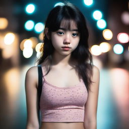 A cute shy girl with dark hair, freckles, and brown eyes, looking very young and innocent