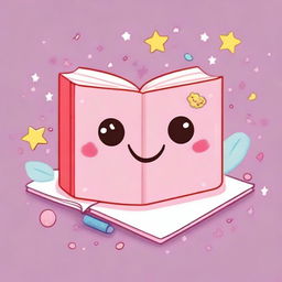 Create an illustration of a kawaii-style book with a cute, smiling face