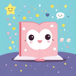 Create an illustration of a kawaii-style book with a cute, smiling face