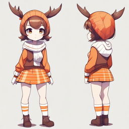 A high-resolution, beautifully illustrated, and highly detailed image of a deer girl with a dark-brown body, orange eyes, and short brown hair in a wolfcut hairstyle