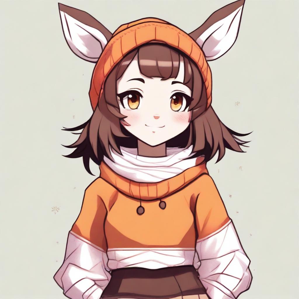 A high-resolution, beautifully illustrated, and highly detailed image of a deer girl with a dark-brown body, orange eyes, and short brown hair in a wolfcut hairstyle