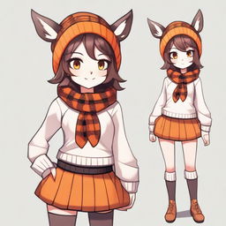 A high-resolution, beautifully illustrated, and highly detailed image of a deer girl with a dark-brown body, orange eyes, and short brown hair in a wolfcut hairstyle