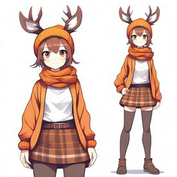 A high-resolution, beautifully illustrated, and highly detailed image of a deer girl with a dark-brown body, orange eyes, and short brown hair in a wolfcut hairstyle