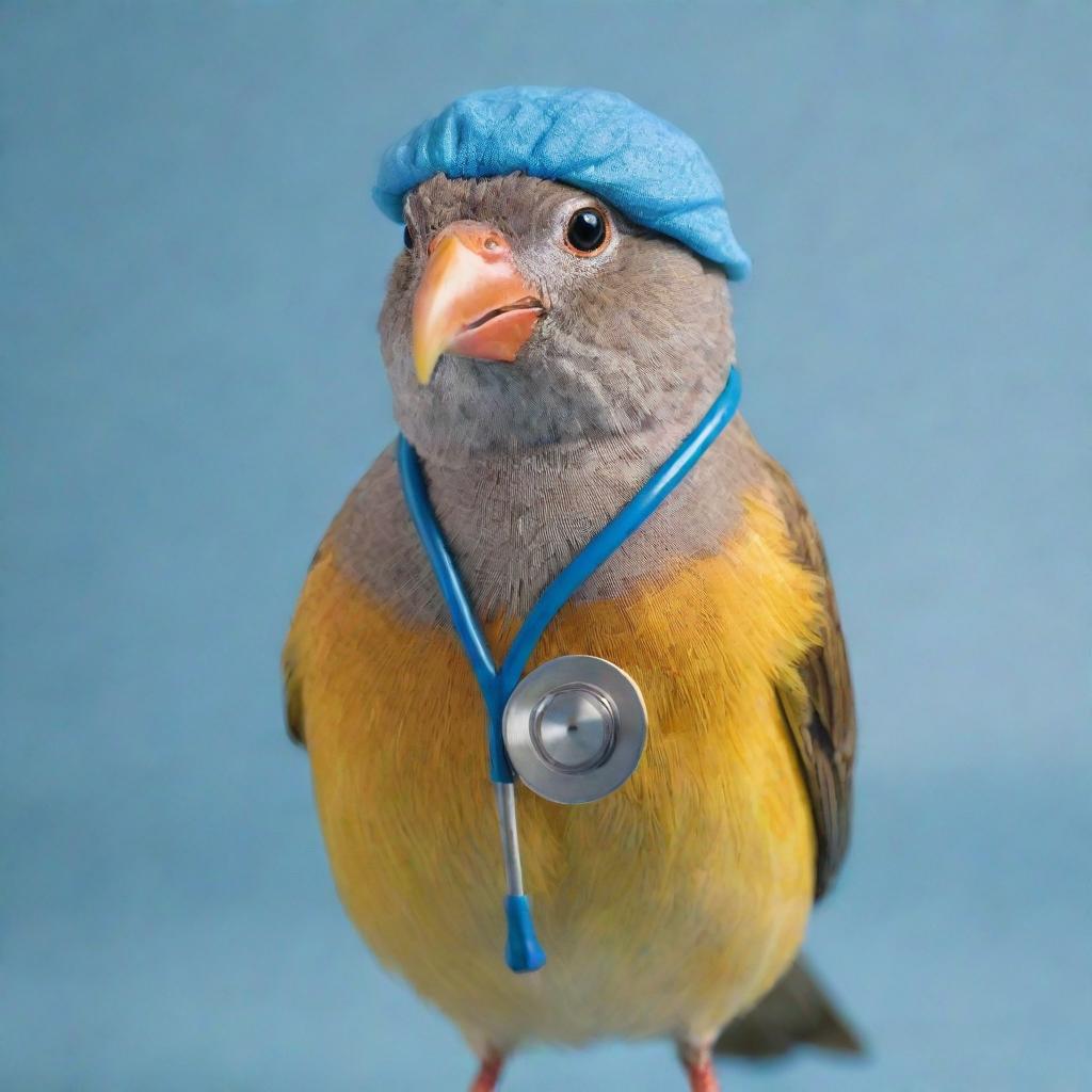 A uniquely characterful bird wearing a stethoscope around its neck, giving the impression of a bird doctor.