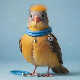 A uniquely characterful bird wearing a stethoscope around its neck, giving the impression of a bird doctor.