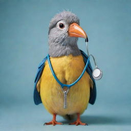 A uniquely characterful bird wearing a stethoscope around its neck, giving the impression of a bird doctor.