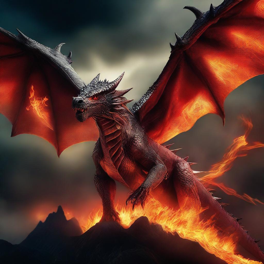 A dramatic cinematic photograph of a fire-breathing dragon, captured in the style of a movie poster