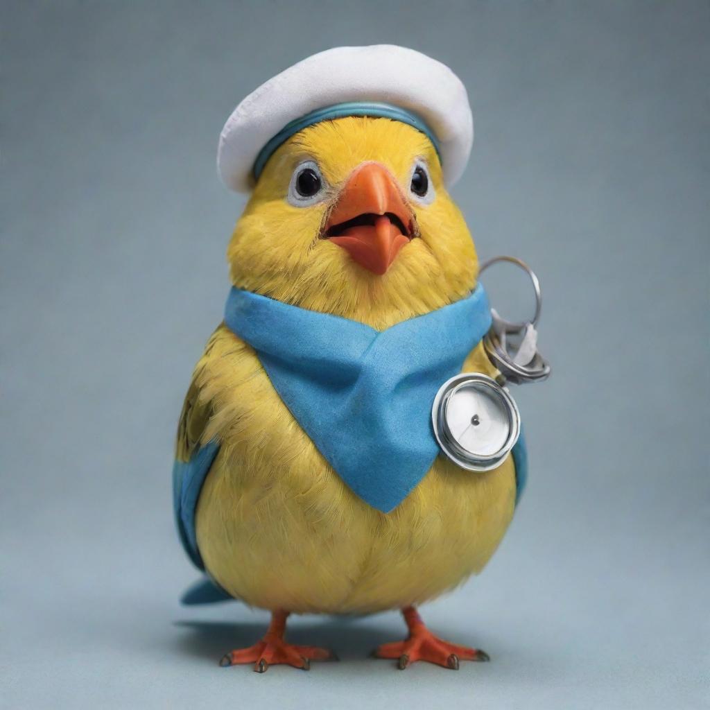 A uniquely characterful bird wearing a stethoscope around its neck, giving the impression of a bird doctor.