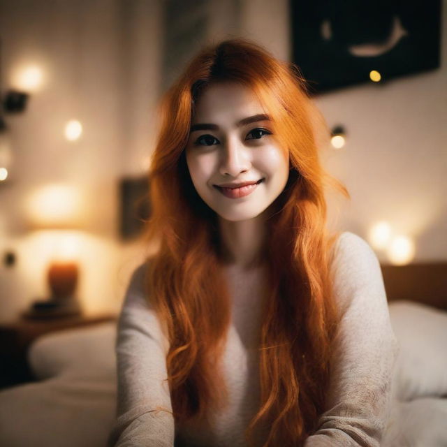 A woman with long orange hair taking a selfie in her bedroom at night