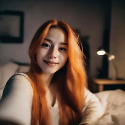 A woman with long orange hair taking a selfie in her bedroom at night