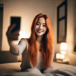 A woman with long orange hair taking a selfie in her bedroom at night