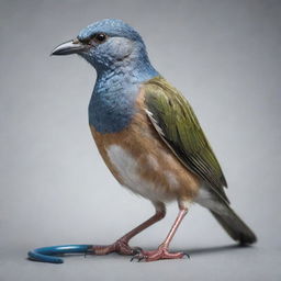 A detailed, realistic bird, wearing a stethoscope around its neck, in a dynamic and intriguing pose.