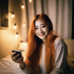 A woman with long orange hair taking a selfie in her bedroom at night