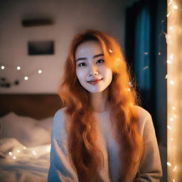 A woman with long orange hair taking a selfie in her bedroom at night